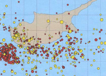 Карта эпицентров землетрясений в районе Кипра в период с 1905 по 1996 гг.