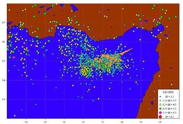 Карта эпицентров землетрясений в районе Кипра в период с 1997 по 2004 гг.